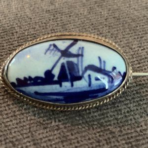 Vintage Delft Blue Windmill Brooch